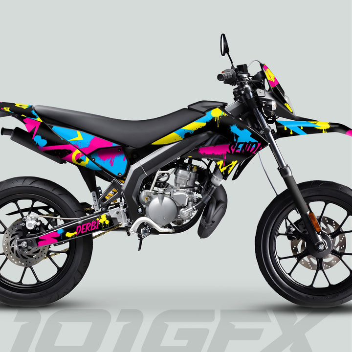 Derbi Senda Graphics Kit X-Treme 2011-2017 on a motorcycle, featuring vibrant magenta and cyan graffiti wrap, enhancing its sporty appearance.