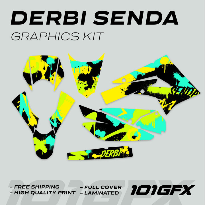 Derbi Senda Graphics Kit X-Treme 2011-2017 SPLASH GREEN MINT shown with full vinyl pieces, highlighting durability and vibrant splash design for easy application.