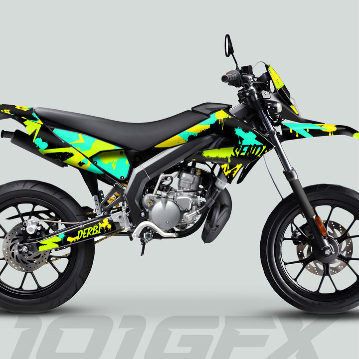 Derbi Senda Graphics Kit X-Treme 2011-2017 SPLASH GREEN MINT displayed on a supermoto motorcycle, showcasing graffiti-style graphics and sleek design elements.