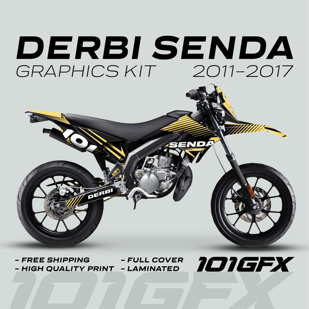 Derbi Senda Graphics Kit X-Treme 2011-2017 LINE SPACE Black Sand, featuring black-and-yellow decals, 101GFX branded, offering full coverage and laminated finish.