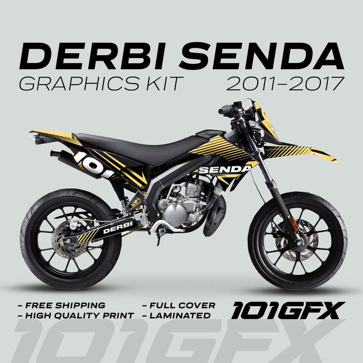 Derbi Senda Graphics Kit X-Treme 2011-2017 LINE SPACE Black Sand, featuring black-and-yellow decals, 101GFX branded, offering full coverage and laminated finish.