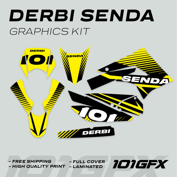 Derbi Senda Graphics Kit X-Treme 2011-2017 features yellow-and-black decals branded with DERBI, SENDA, 101, offering a custom fit and durable, high-quality vinyl.