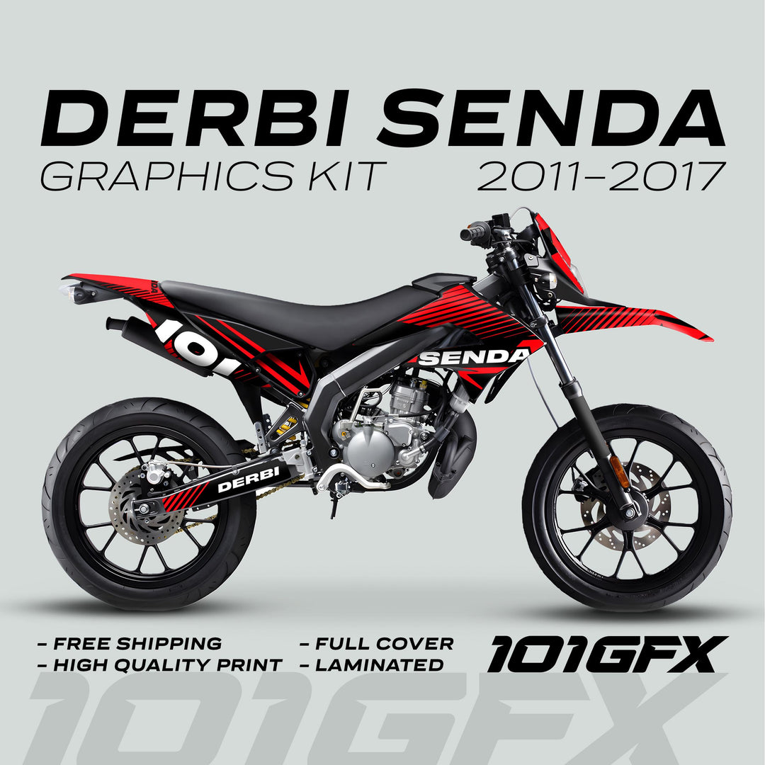 Derbi Senda Graphics Kit X-Treme 2011-2017 LINE SPACE Black Red, featuring red-and-black decals, free shipping, and high-quality print, for Derbi Senda models 2011-2017.