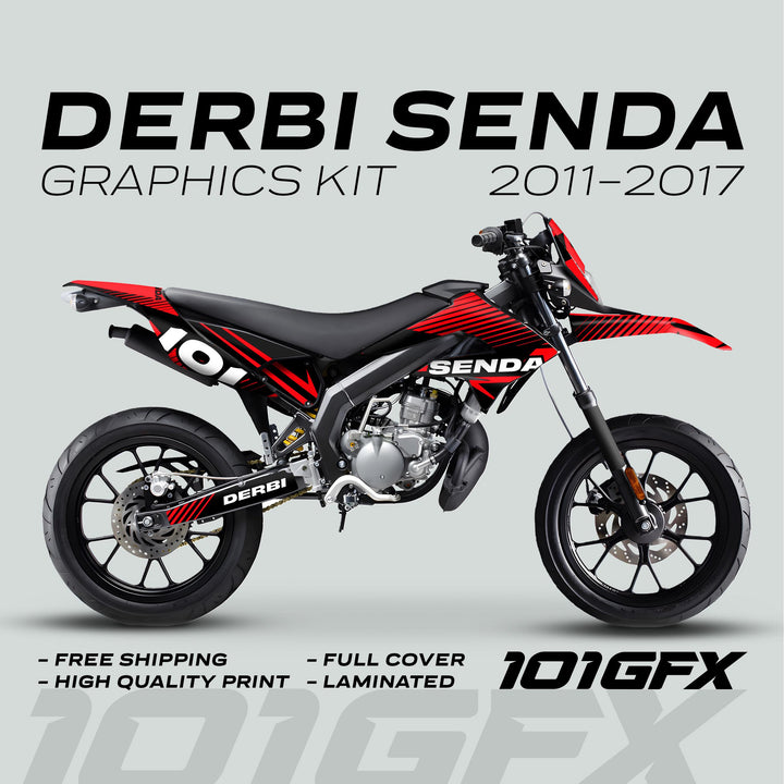 Derbi Senda Graphics Kit X-Treme 2011-2017 LINE SPACE Black Red, featuring red-and-black decals, free shipping, and high-quality print, for Derbi Senda models 2011-2017.