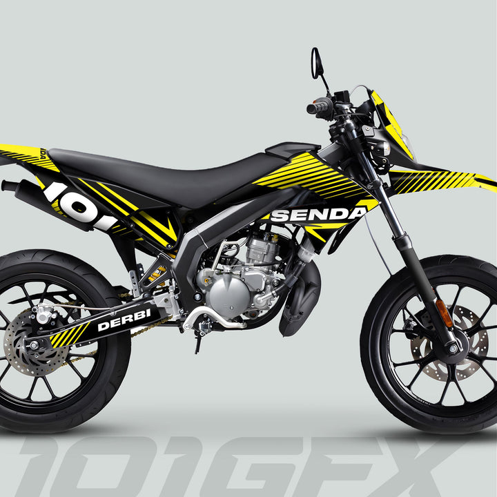 Derbi Senda Graphics Kit X-Treme 2011-2017 shown on a yellow-black supermoto-style motorcycle, highlighting decals on frame, swingarm, enhancing sporty aesthetics.