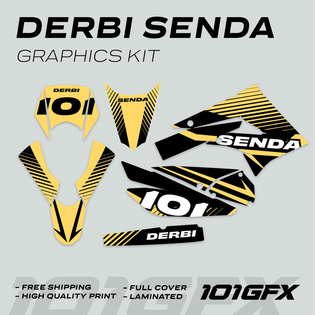 Derbi Senda Graphics Kit X-Treme 2011-2017, featuring yellow-black decals for full coverage, includes DERBI, SENDA logos, and boasts durability and high-quality vinyl.