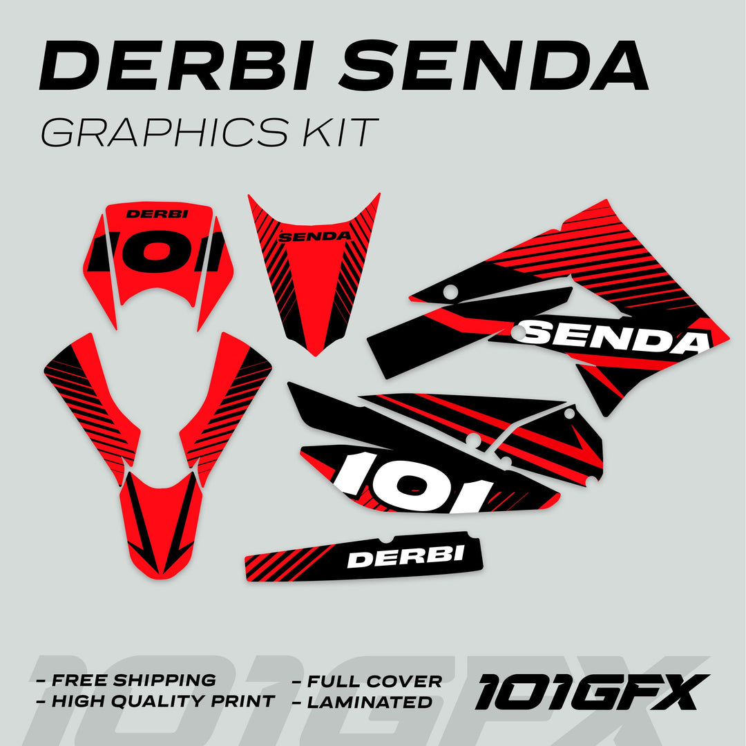 Derbi Senda Graphics Kit X-Treme 2011-2017 LINE SPACE Black Red, showcasing red-and-black decal pieces for bike customization, featuring branding and durability details.