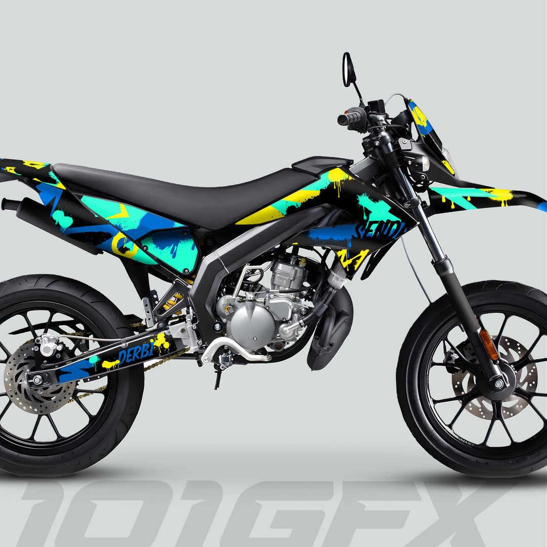 Derbi Senda Graphics Kit X-Treme 2011-2017 SPLASH BLUE MINT on a supermoto motorcycle, featuring vibrant teal, yellow, and blue decals on black frame and swingarm.