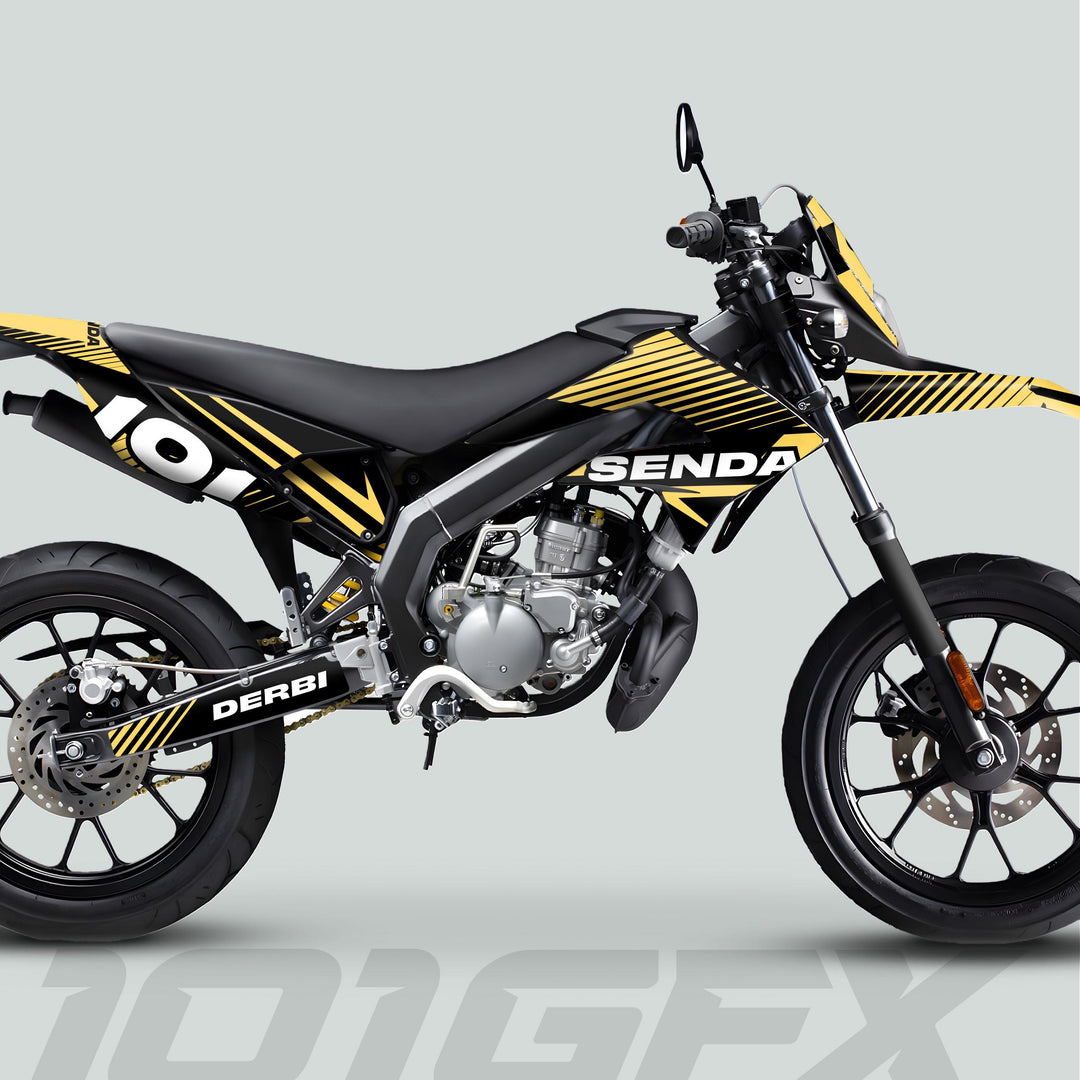 Derbi Senda Graphics Kit X-Treme 2011-2017 LINE SPACE Black Sand on a two-wheeled off-road motorcycle with distinctive gold-and-black livery and knobbly tyres.