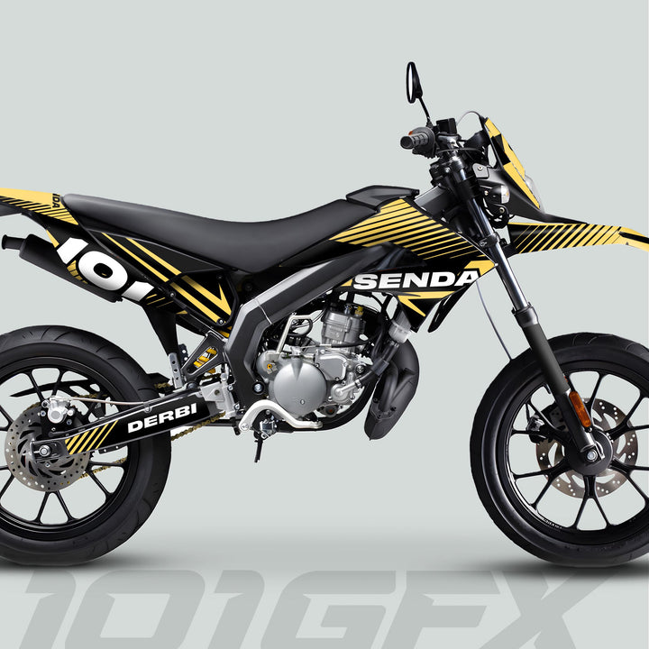 Derbi Senda Graphics Kit X-Treme 2011-2017 LINE SPACE Black Sand on a two-wheeled off-road motorcycle with distinctive gold-and-black livery and knobbly tyres.
