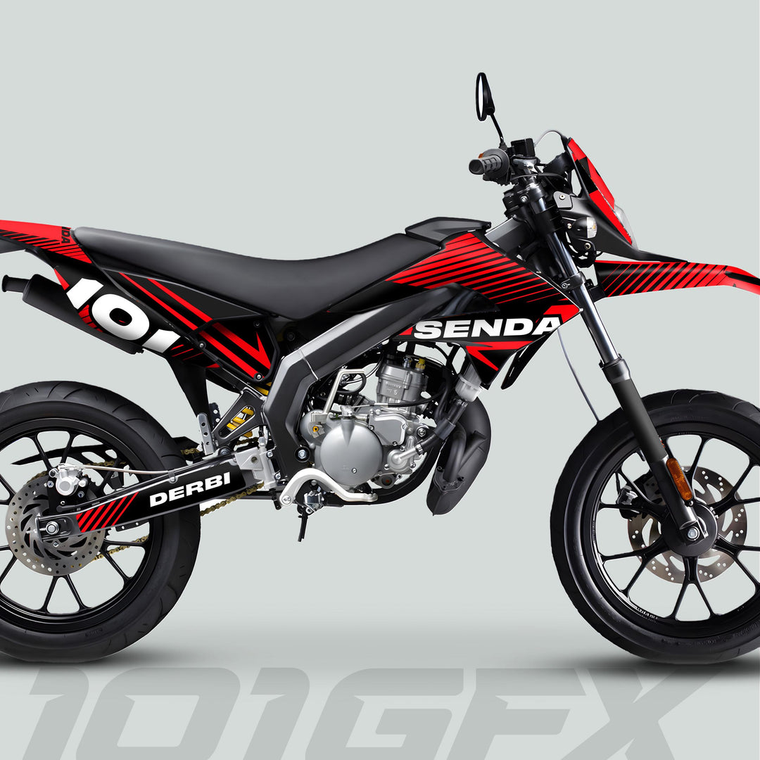 Derbi Senda Graphics Kit X-Treme 2011-2017 LINE SPACE Black Red on a supermoto-style motorcycle, enhancing its sleek design with standout graphics.