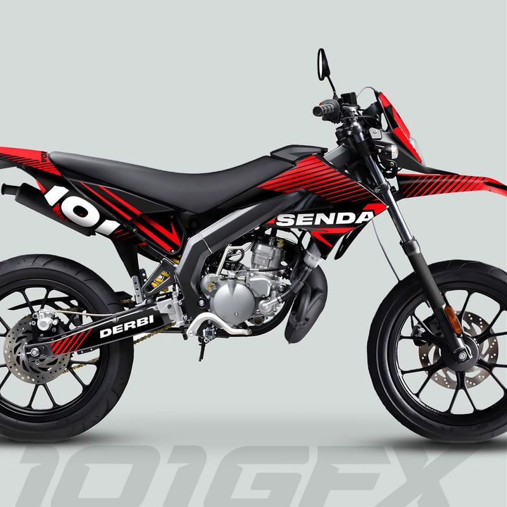Derbi Senda Graphics Kit X-Treme 2011-2017 LINE SPACE Black Red on a supermoto-style motorcycle, enhancing its sleek design with standout graphics.