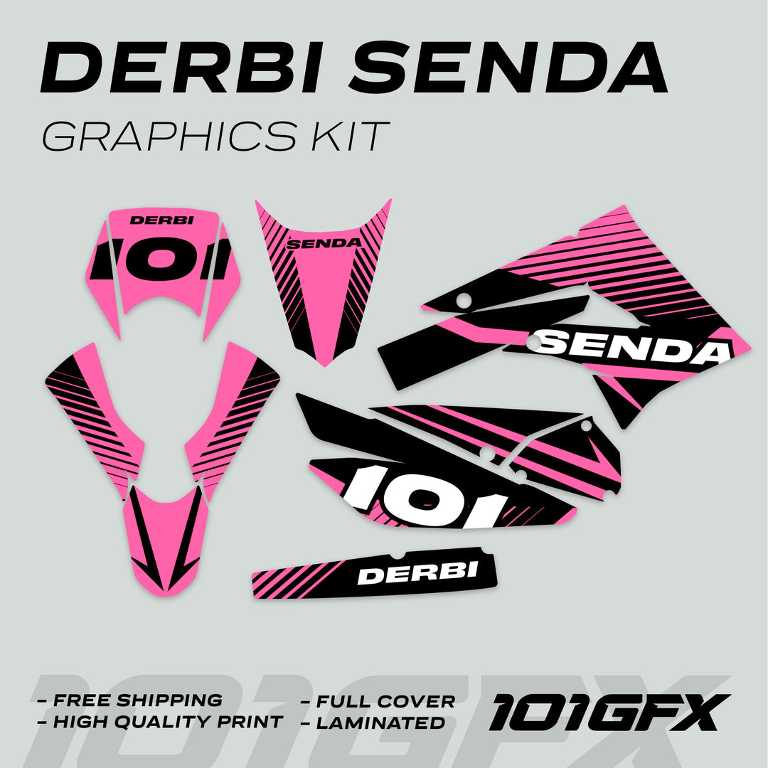 Derbi Senda Graphics Kit X-Treme 2011-2017: Pink-and-black decals, labeled Derbi, Senda, 101, with features like Free Shipping, High Quality Print, and Laminated.