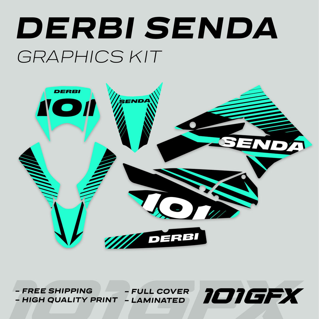 Derbi Senda Graphics Kit X-Treme 2011-2017 LINE SPACE Black Mint with turquoise-black stripes, decals for fairing, fork guards, number plates; features free shipping, high quality.