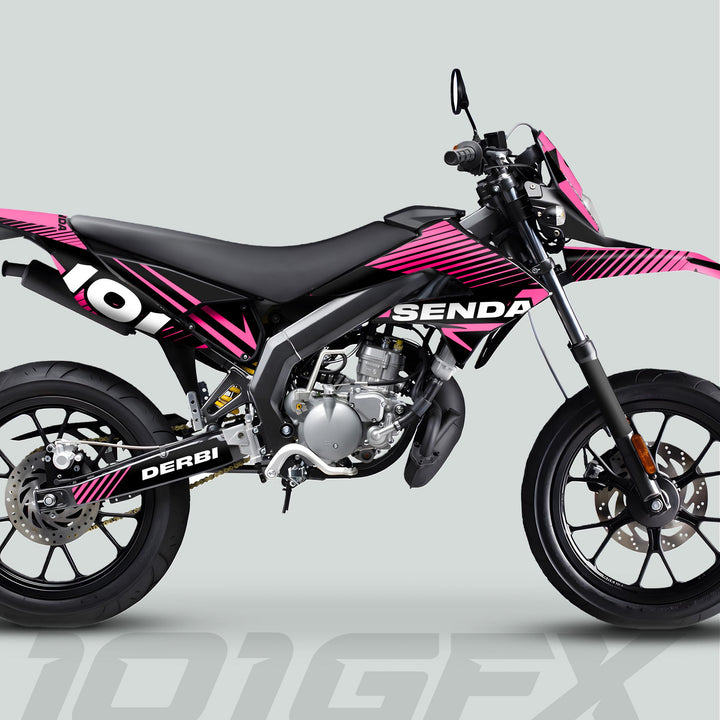 Derbi Senda Graphics Kit X-Treme 2011-2017 features black and pink decals, enhancing the bike's style with a bold SENDA and DERBI logo.