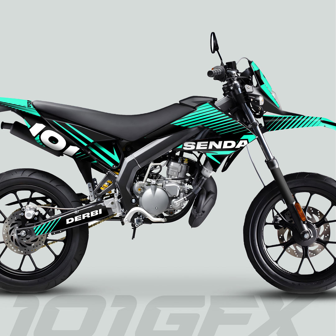 Derbi Senda Graphics Kit X-Treme 2011-2017 LINE SPACE Black Mint on a supermoto-style dirt bike, showcasing black frame with teal-green striping and precise fit.
