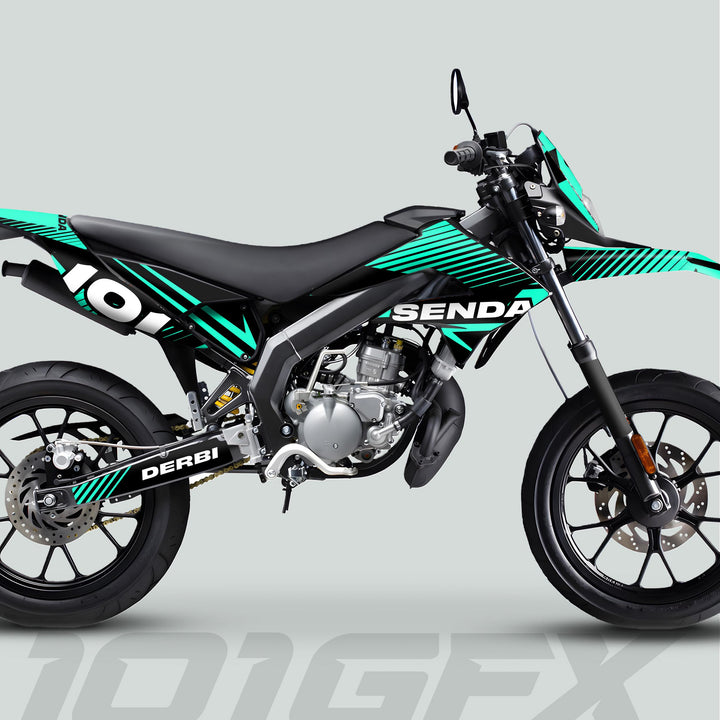 Derbi Senda Graphics Kit X-Treme 2011-2017 LINE SPACE Black Mint on a supermoto-style dirt bike, showcasing black frame with teal-green striping and precise fit.