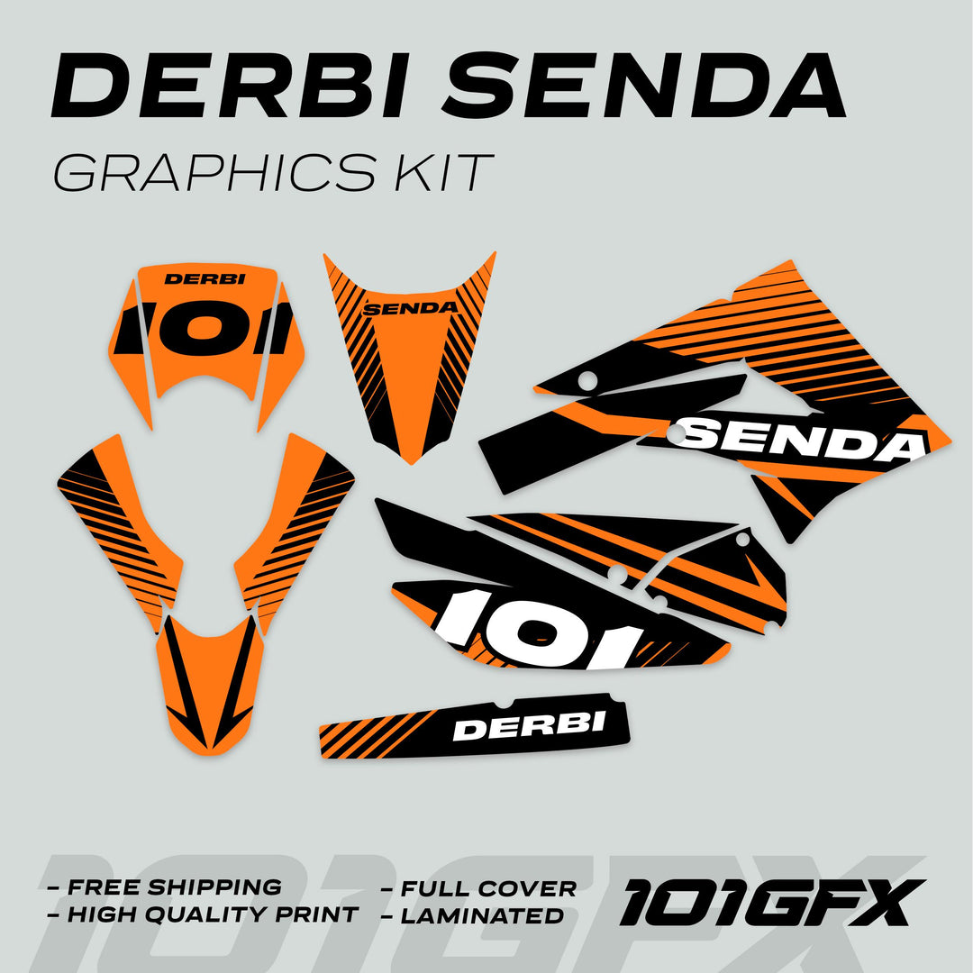 Derbi Senda Graphics Kit X-Treme 2011-2017 LINE SPACE Black Orange with numbered decals, featuring Free Shipping, High Quality Print, Full Cover, and Laminated.