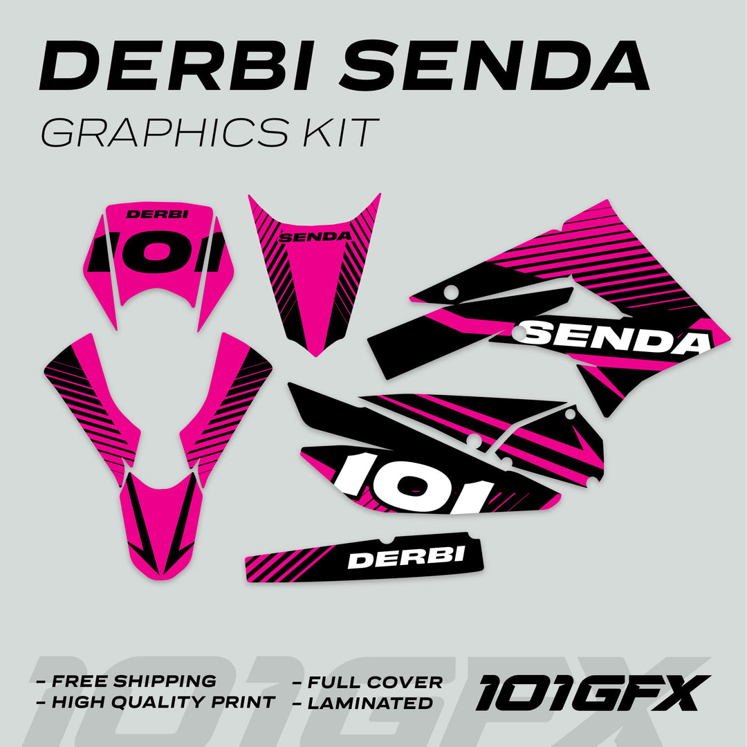 Derbi Senda Graphics Kit X-Treme 2011-2017 LINE SPACE Black Magenta decals laid out, showcasing hot-pink and black design for off-road motorcycles.