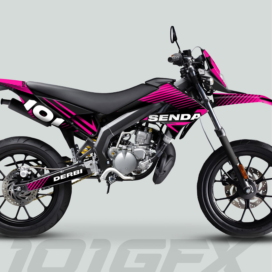 Derbi Senda Graphics Kit X-Treme 2011-2017 LINE SPACE Black Magenta displayed on a supermoto-style dirt bike with visible branding and off-road features.