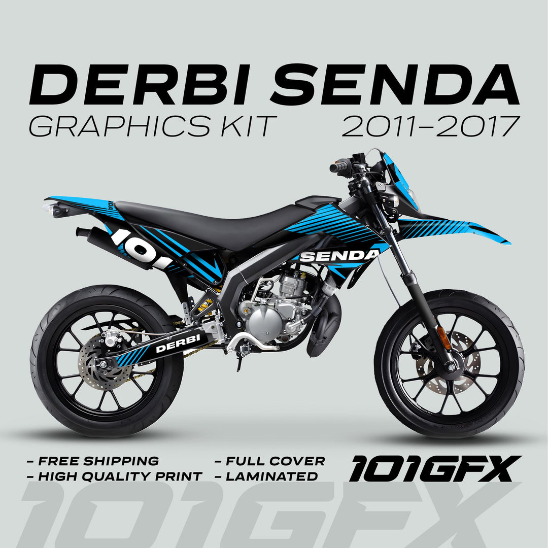 Derbi Senda Graphics Kit X-Treme 2011-2017: Side-view of bike with blue-black decals, featuring text on free shipping, high-quality print, full cover, laminated, and 101GFX logo.