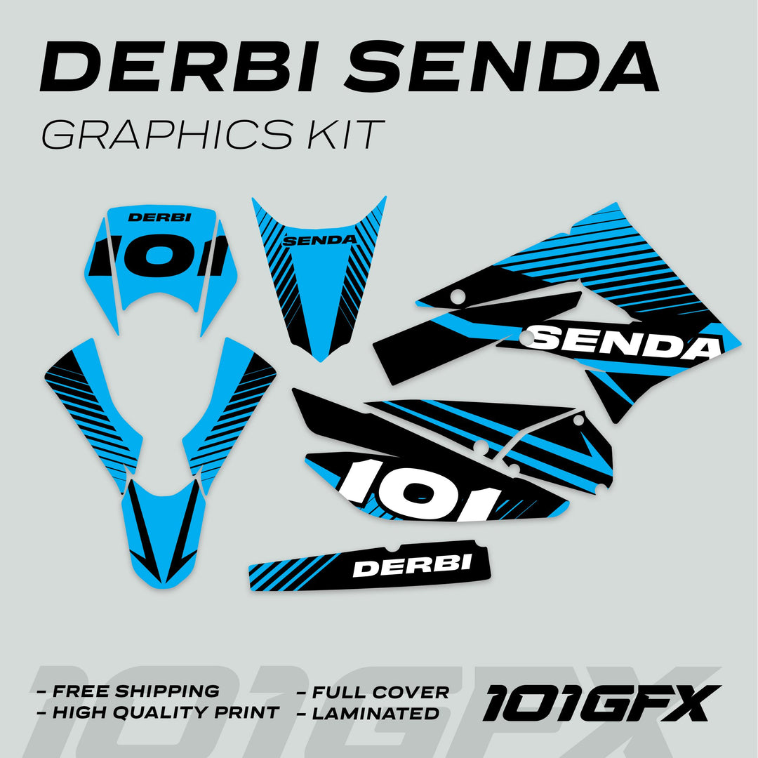 Derbi Senda Graphics Kit X-Treme 2011-2017 showcases die-cut decals: number plate, fender, side-panel, swingarm, and fork/shock guard, featuring DERBI, 101, and SENDA.