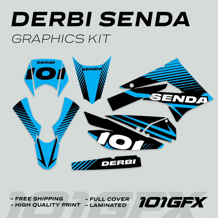 Derbi Senda Graphics Kit X-Treme 2011-2017 showcases die-cut decals: number plate, fender, side-panel, swingarm, and fork/shock guard, featuring DERBI, 101, and SENDA.
