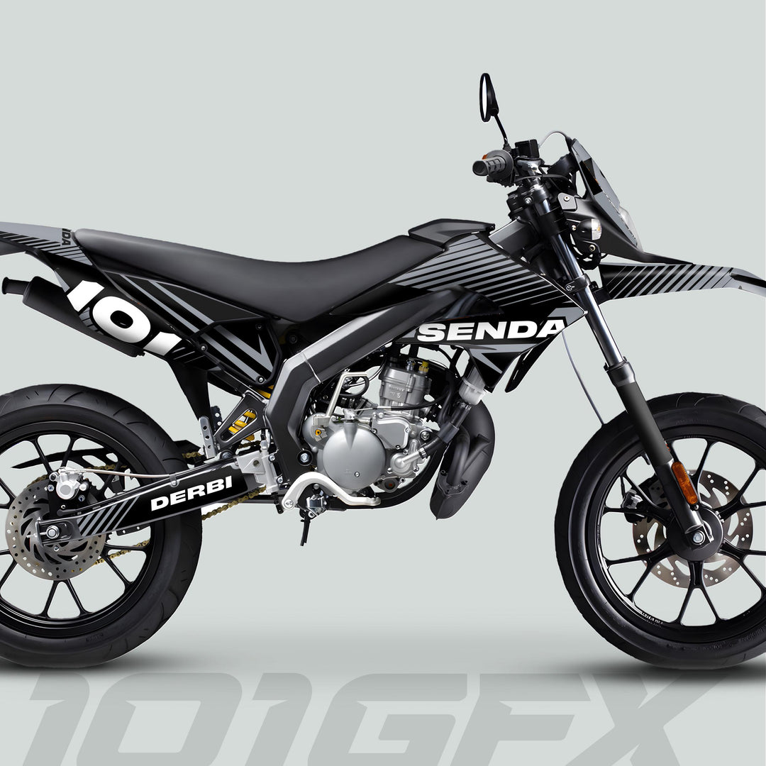 Side-on view of a Derbi Senda motorcycle showcasing the Graphics Kit X-Treme 2011-2017 LINE SPACE Black Grey with bold Derbi branding and distinctive Senda graphics.