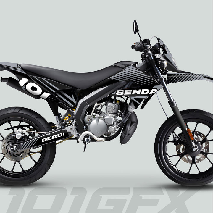 Side-on view of a Derbi Senda motorcycle showcasing the Graphics Kit X-Treme 2011-2017 LINE SPACE Black Grey with bold Derbi branding and distinctive Senda graphics.