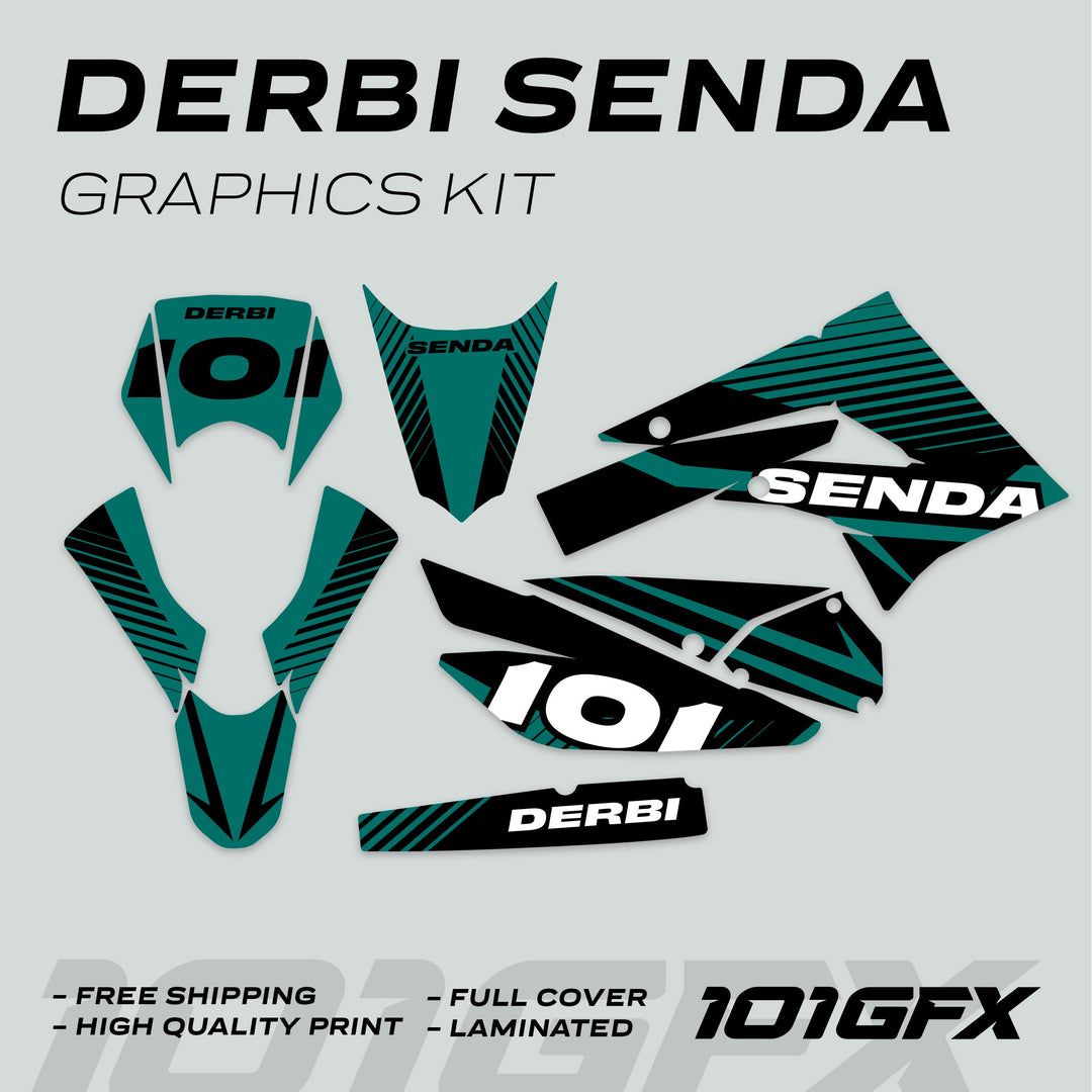 Derbi Senda Graphics Kit X-Treme 2011-2017 LINE SPACE Black Aventur decals, featuring teal/black stripes, “DERBI,” “SENDA,” and “101,” with key benefits highlighted below.