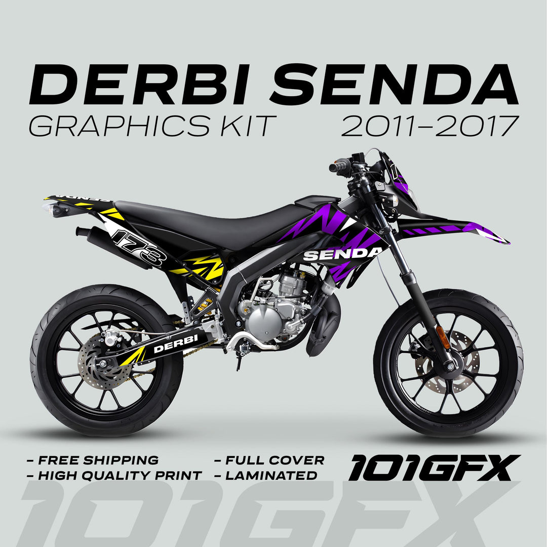 Derbi Senda Graphics Kit X-Treme 2011-2017 with purple lightning accents, yellow highlights, and 178 number, featuring durable, easy-to-install, and fade-resistant vinyl.
