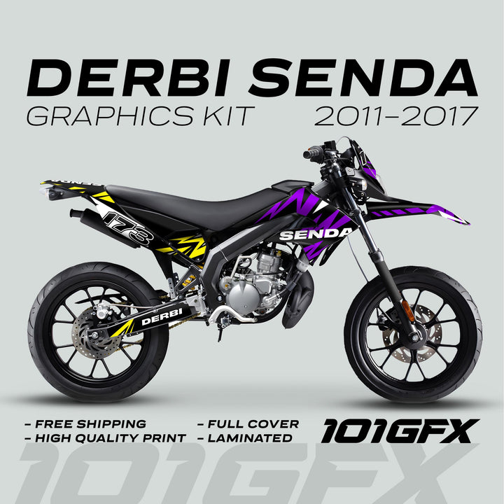 Derbi Senda Graphics Kit X-Treme 2011-2017 with purple lightning accents, yellow highlights, and 178 number, featuring durable, easy-to-install, and fade-resistant vinyl.