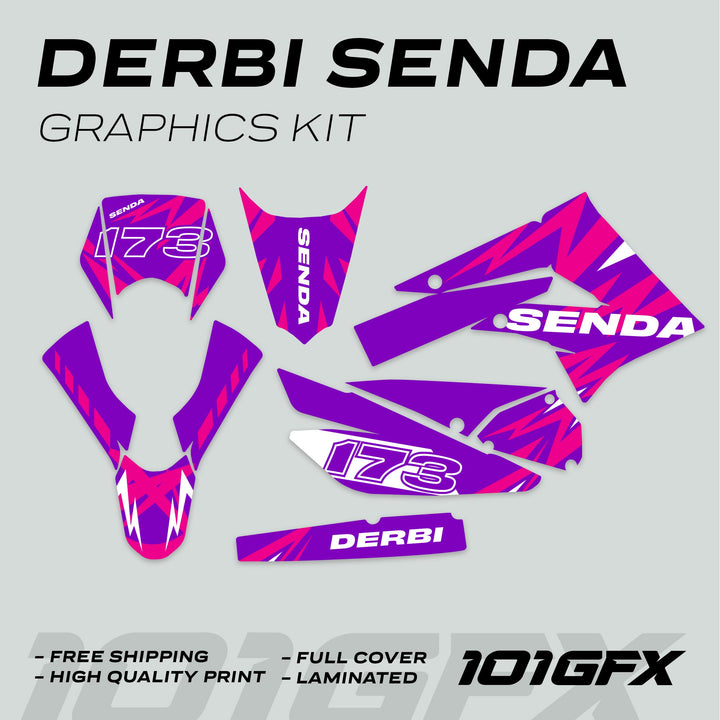 Derbi Senda Graphics Kit X-Treme 2011-2017 LIGHTNING PURPLE MAGENTA with bold decals for fenders, panels, swingarm; features easy installation, high-quality materials, full coverage.