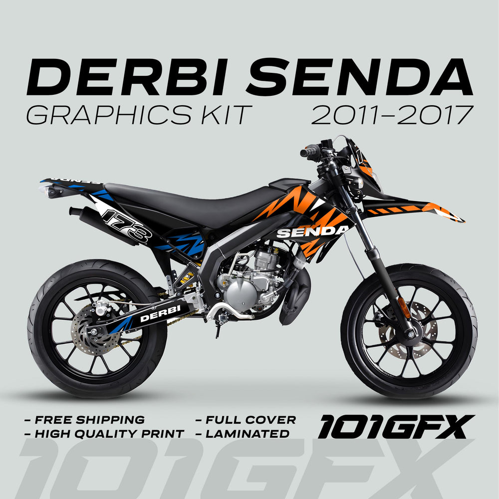 Derbi Senda Graphics Kit X-Treme 2011-2017 on bike, featuring bold decals with “SENDA,” “78,” and “DERBI” lettering, promoting vibrant style and protection.