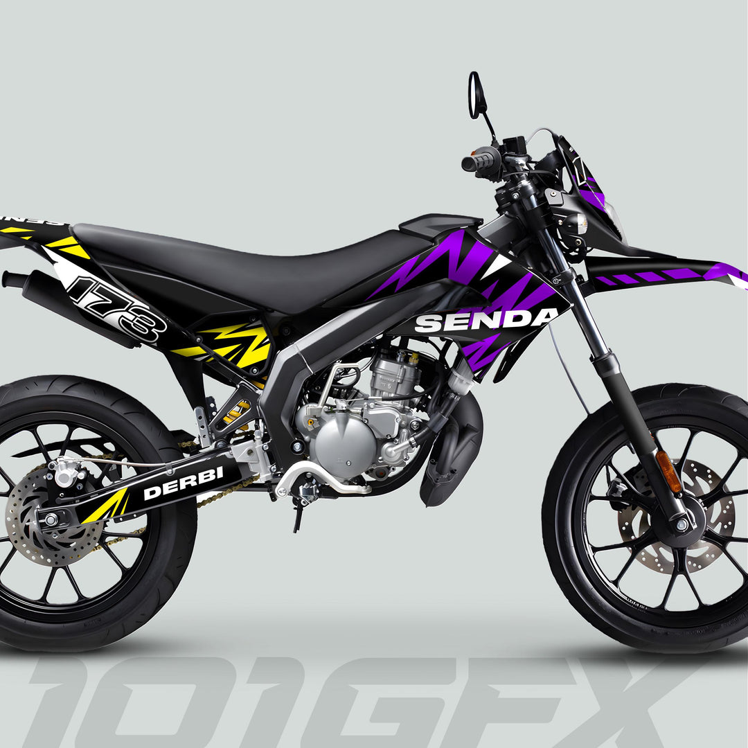 Derbi Senda motorcycle with Graphics Kit X-Treme 2011-2017, featuring bold purple and yellow decals, number “173” on side panel, enhancing its standout street style.