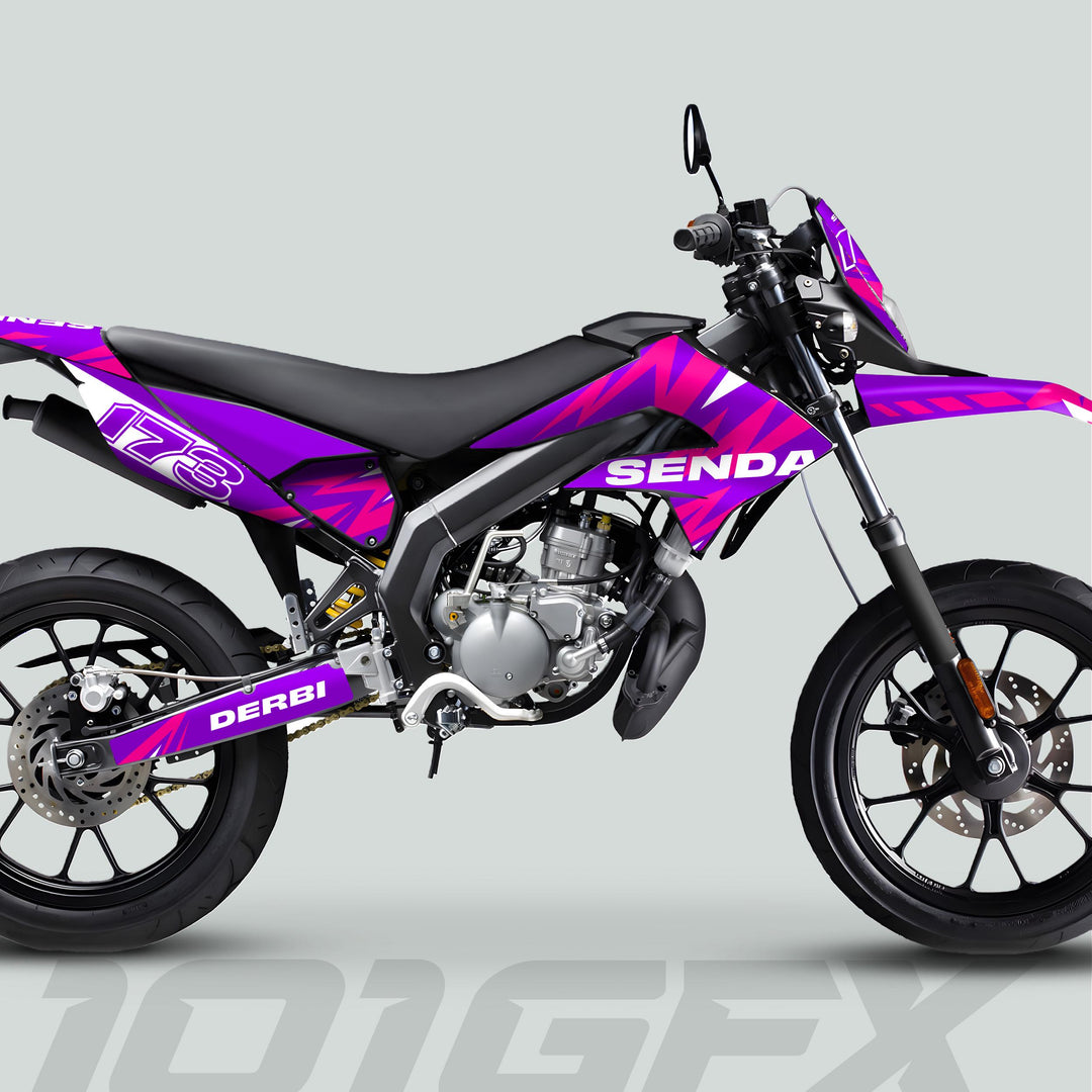 Derbi Senda Graphics Kit X-Treme 2011-2017 LIGHTNING PURPLE MAGENTA on supermoto bike, showcasing bold SENDA and DERBI logos with vibrant street-ready design.