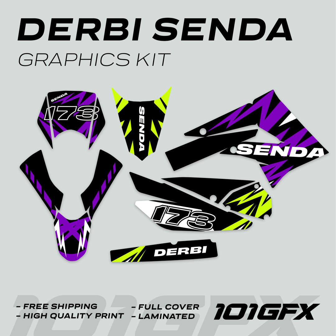 Derbi Senda Graphics Kit X-Treme 2011-2017 LIGHTNING PURPLE GREEN, featuring durable, vibrant decals for front fender, fork guards, and more, enhancing both style and protection.