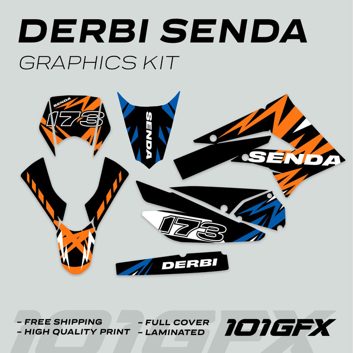 Derbi Senda Graphics Kit X-Treme 2011-2017 LIGHTNING ORANGE BLUE displayed with all decals, showcasing 173 number and free shipping, high-quality print, full coverage features.