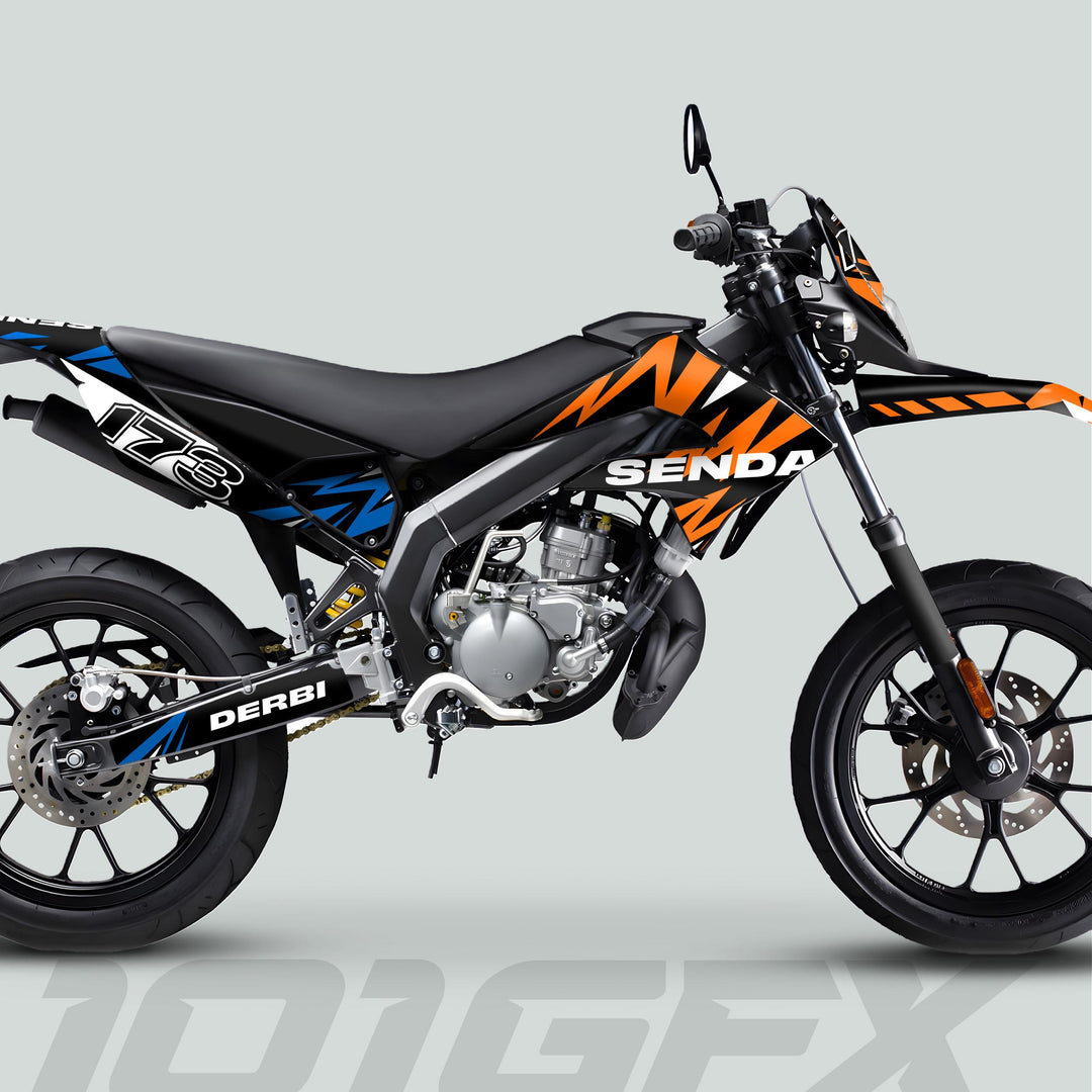 Derbi Senda Graphics Kit X-Treme 2011-2017 LIGHTNING ORANGE BLUE on a dirt bike, showcasing vibrant design and precise fit for aesthetic enhancement.