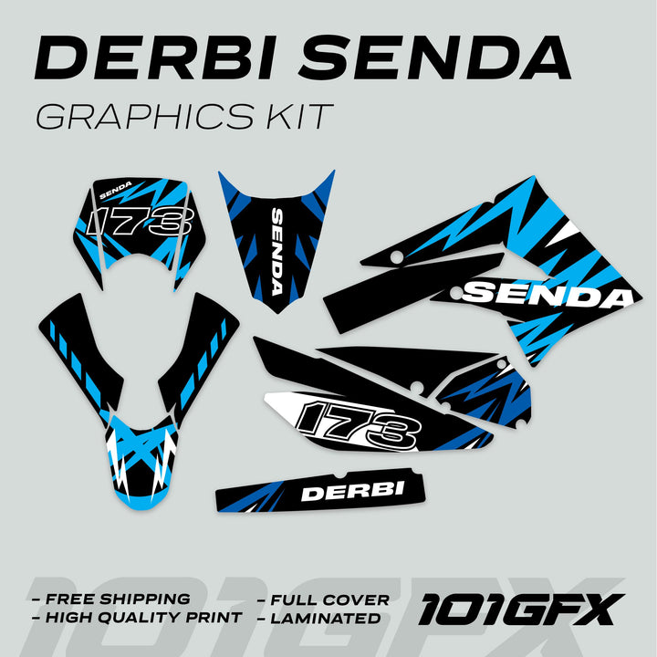 Derbi Senda Graphics Kit X-Treme 2011-2017 LIGHTNING BLUE CYAN featuring decals with SENDA, DERBI branding, and lightning motifs, highlighting key features like high quality and easy installation.