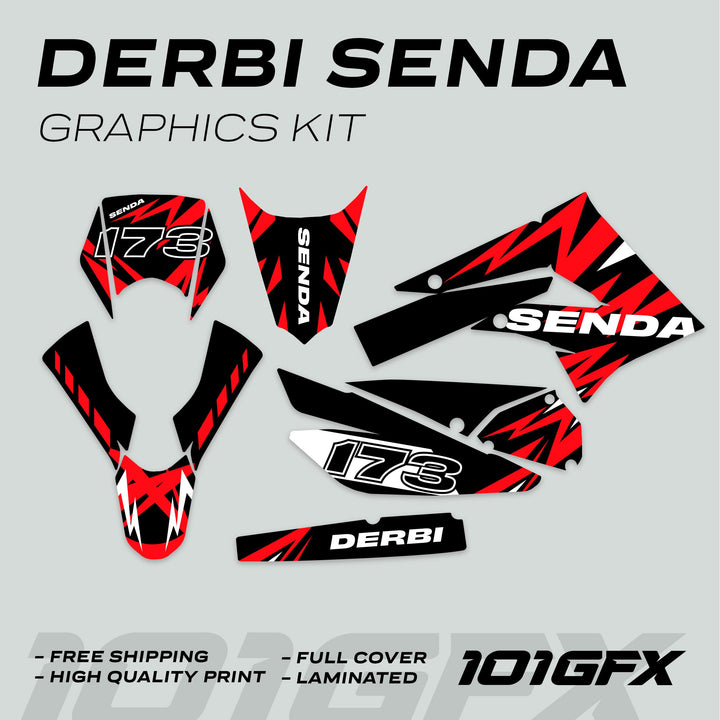 Derbi Senda Graphics Kit X-Treme 2011-2017 LIGHTNING BLACK RED with vinyl pieces for fender, plate, panels, featuring 173 and branding.