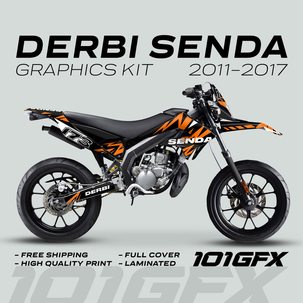Derbi Senda Graphics Kit X-Treme 2011-2017 LIGHTNING BLACK ORANGE with vibrant decals, “SENDA” branding, and features like free shipping and high-quality print.
