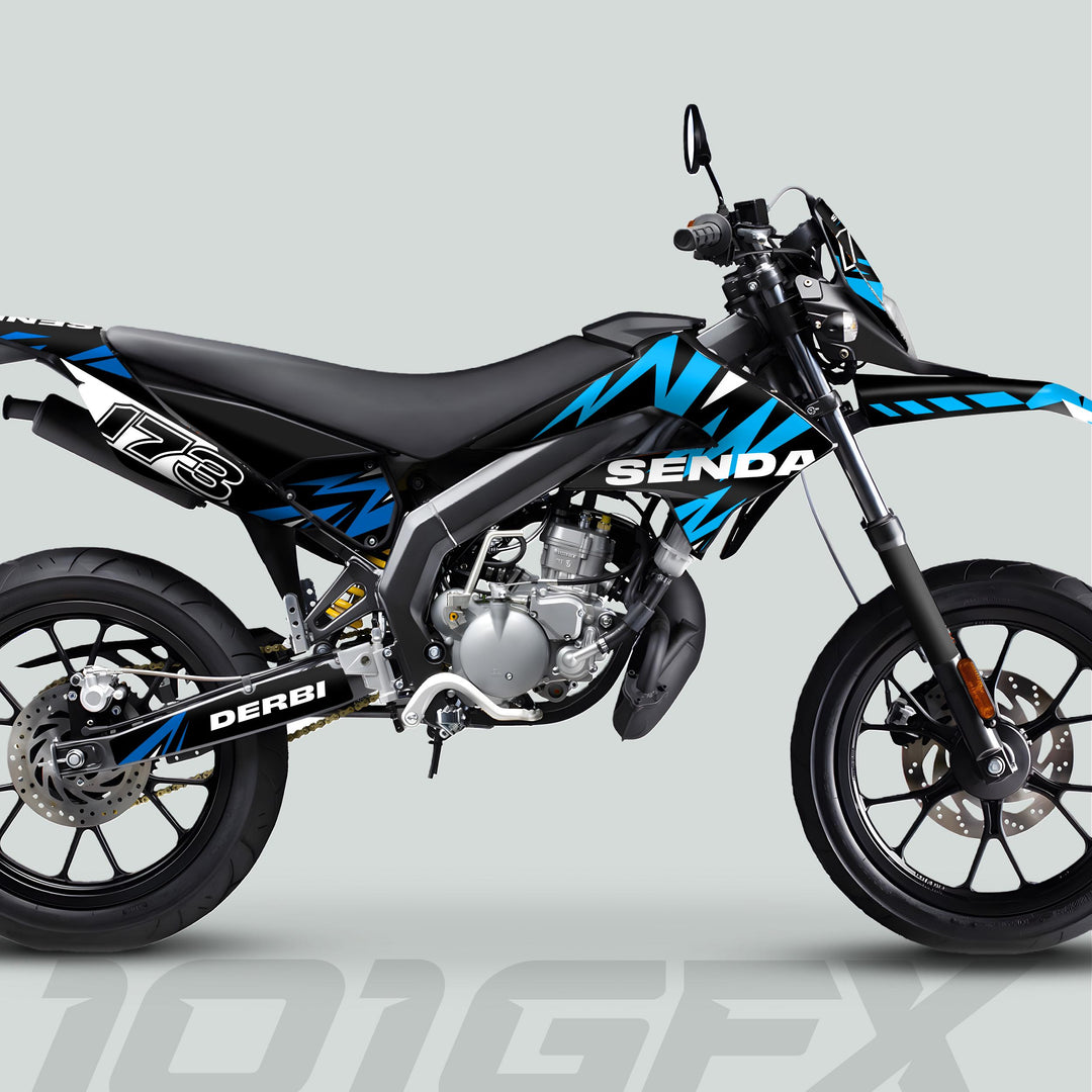 Derbi Senda Graphics Kit X-Treme 2011-2017 on black supermoto, showcasing SENDA and DERBI branding; features durable vinyl, perfect fit, and vibrant Lightning Blue Cyan design.