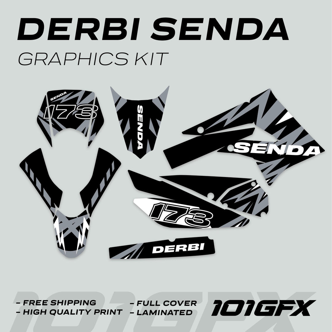 Derbi Senda Graphics Kit X-Treme 2011-2017 LIGHTNING BLACK GREY with black/gray zig-zag pattern, white “178” number, and “SENDA” and “DERBI” text on decals.
