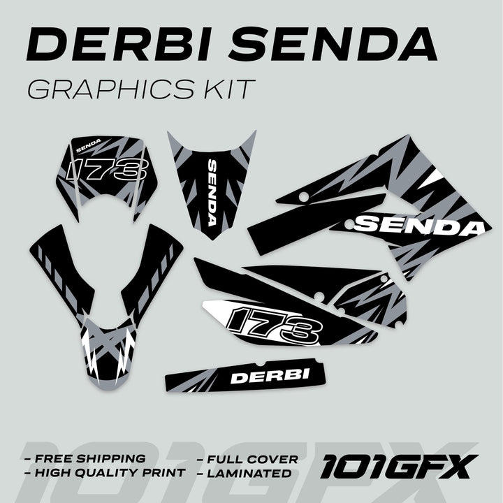 Derbi Senda Graphics Kit X-Treme 2011-2017 LIGHTNING BLACK GREY with black/gray zig-zag pattern, white “178” number, and “SENDA” and “DERBI” text on decals.