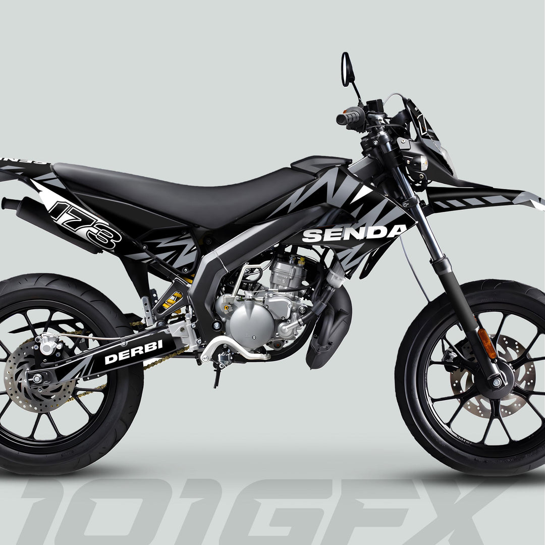 Derbi Senda Graphics Kit X-Treme 2011-2017 LIGHTNING BLACK GREY on a supermoto-style off-road motorcycle, enhancing aesthetics and protection with striking designs and durability.