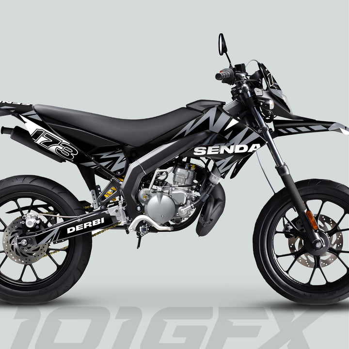 Derbi Senda Graphics Kit X-Treme 2011-2017 LIGHTNING BLACK GREY on a supermoto-style off-road motorcycle, enhancing aesthetics and protection with striking designs and durability.