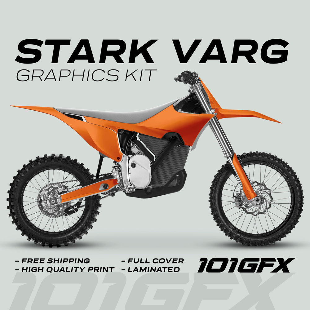 Stark Varg Graphics Kit SOLID COLOR ORANGE Stickers displayed on an off-road bike, showcasing vibrant, full-coverage fitment and high-quality laminated printing for standout styling.
