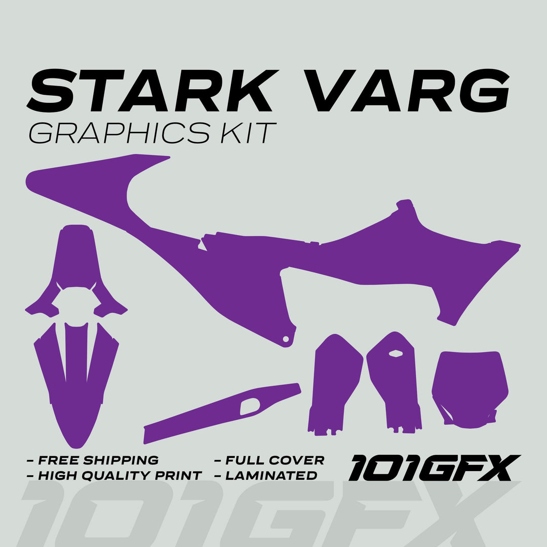 Stark Varg Graphics Kit SOLID COLOR PURPLE Stickers shown as purple decal shapes, featuring details like high quality, full cover, and free shipping.