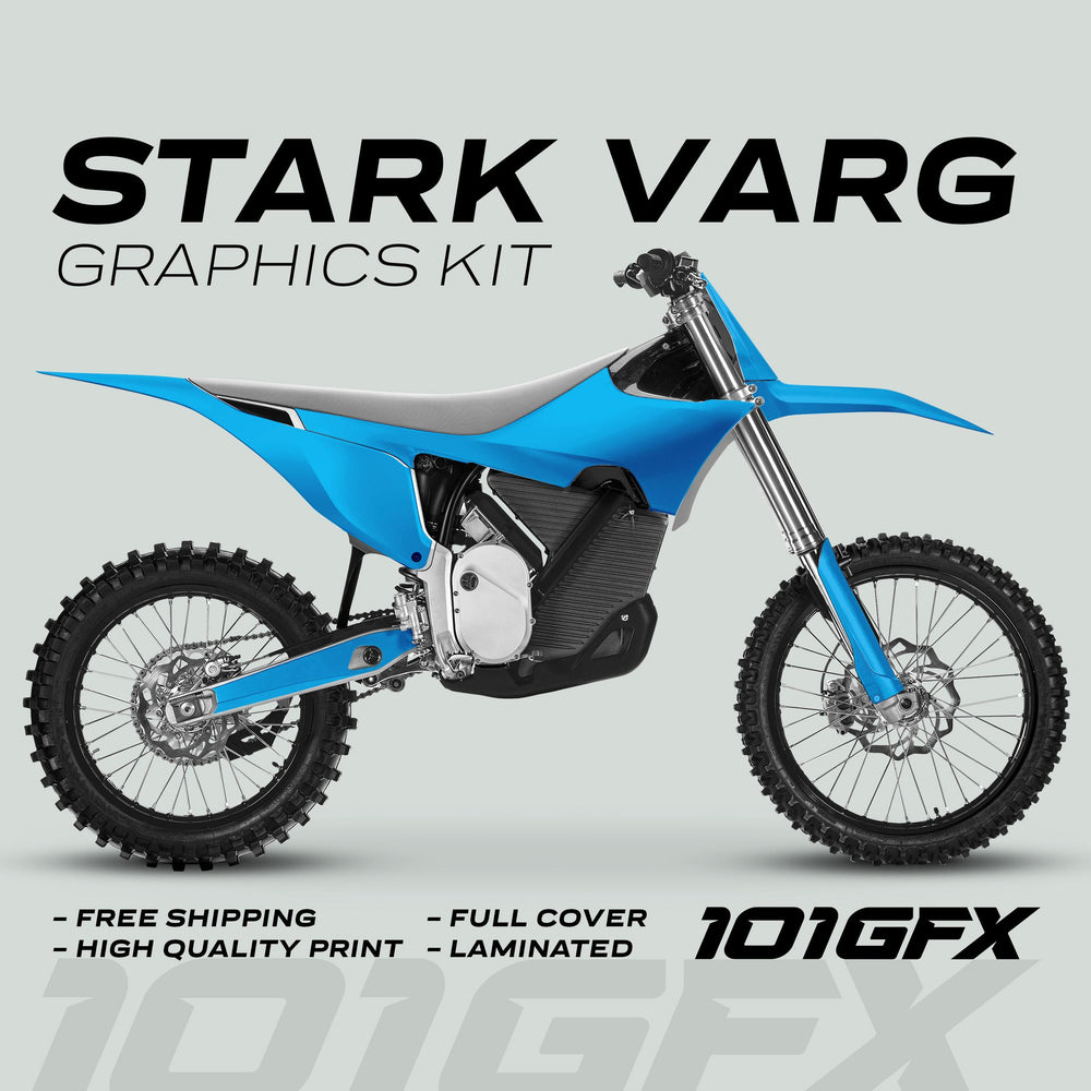 Stark Varg Graphics Kit SOLID COLOR CYAN Stickers on a blue dirt bike, featuring free shipping, high-quality print, full cover, and laminated protection.